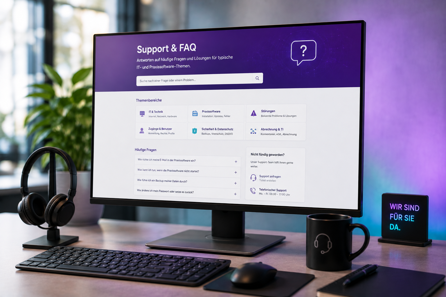 Support & FAQ Dashboard auf einem Monitor am Arbeitsplatz